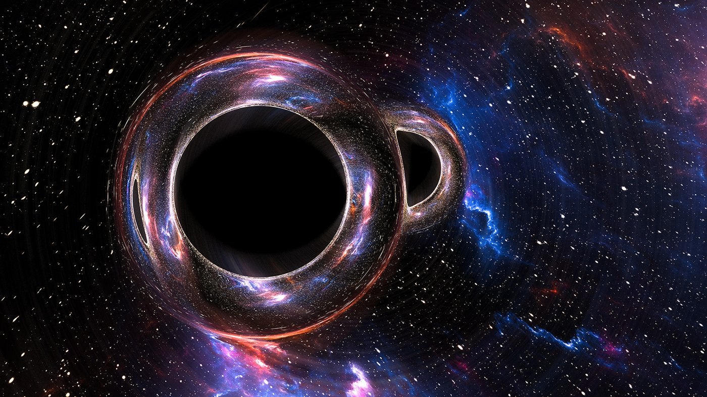 Artwork of a pair of merging black holes with differing masses. The gravity of the black holes bends and twists light around them.