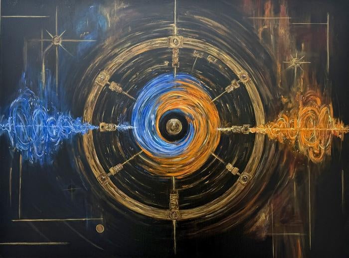 Artistic rendering of Penrose super-radiance: electromagnetic waves with selected rotation patterns are amplified as they interact with a system that appears to rotate at superluminal speeds.