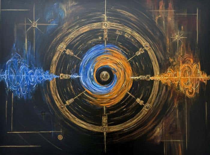 Artistic rendering of Penrose super-radiance: electromagnetic waves with selected rotation patterns are amplified as they interact with a system that appears to rotate at superluminal speeds.