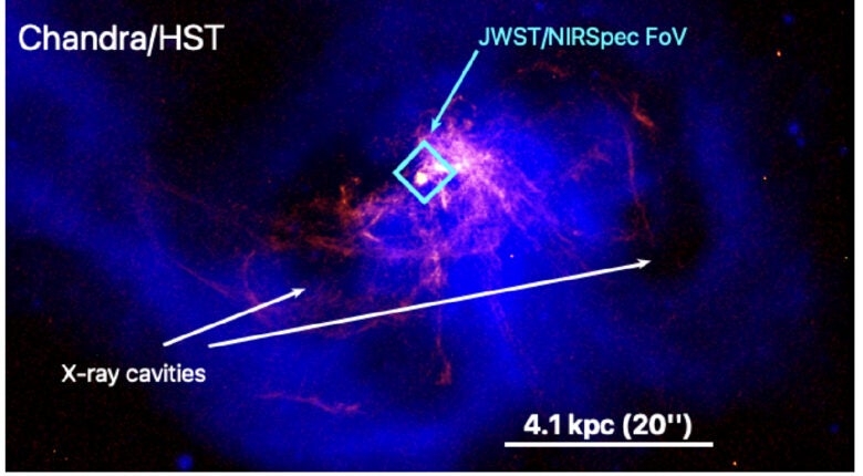 Composite large-scale image of the Centaurus cluster. Chandra 0.5–7 keV image in blue. Hubble Space Telescope (HST)/WFC3 F665N (containing redshifted Hα), with the continuum estimated from F814W and subtracted, shown in red.