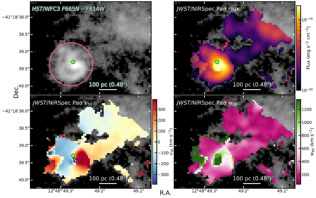 The four-panel image maps the central region of NGC 4696, showing an S-shaped ionized gas swirl, a circumnuclear disk linked to a western filament, and the gas flux, velocity, and line-width structure around the AGN and jet.