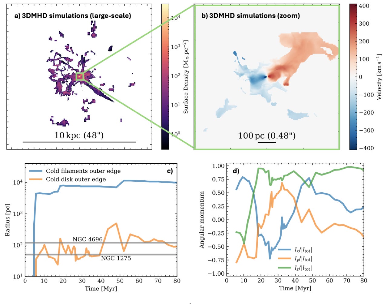 The four-panel image presents 3D magnetohydrodynamic simulations of a filament network and cool-gas velocity field, alongside the time evolution of the filaments’ size and the circumnuclear disk’s size and orientation, showing stable kiloparsec-scale filaments but a smaller disk that repeatedly grows, contracts, and changes direction.