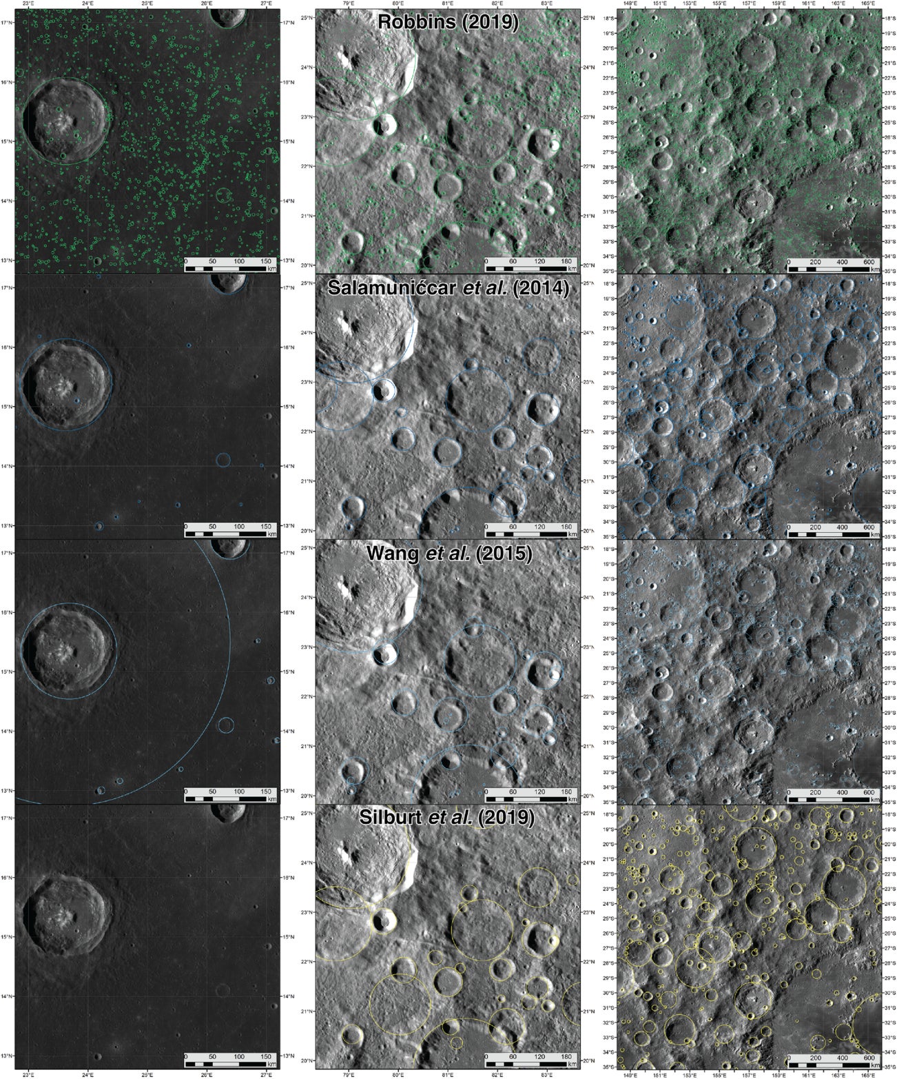Example terrains (in columns) showing all database features for each catalog examined in this work. The right column is meant to illustrate how the algorithms work on large features. The left column is in Mare Tranquillitatis, the center is the nearside highlands, and the right is the farside highlands.