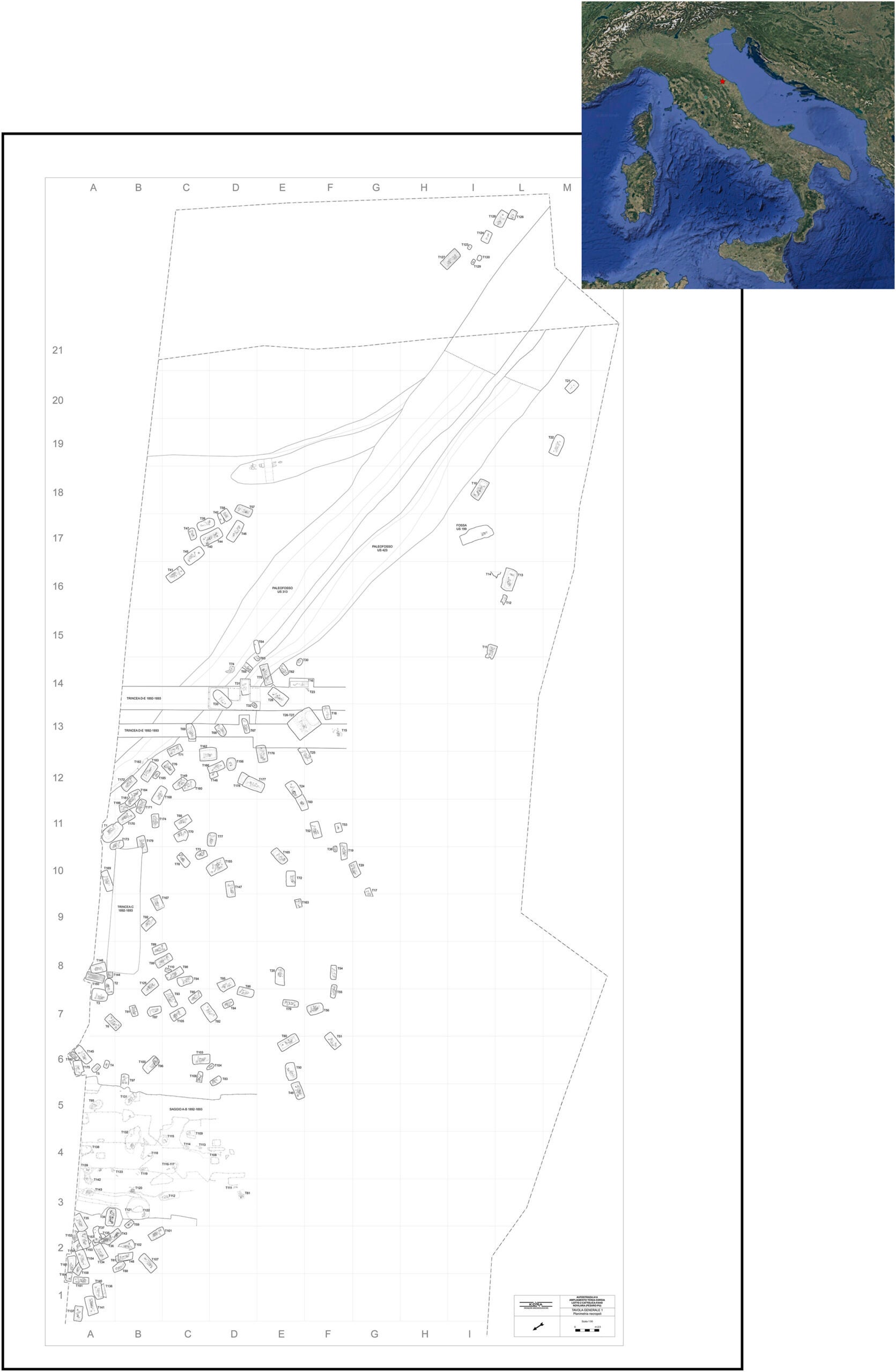 Geographic position (red dot) and archaeological plan of the burial site of Novilara (Italian Peninsula).