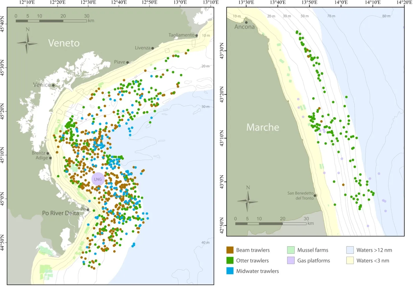 The study areas of Veneto (left) and Marche (right), showing locations and facilities cited in the text. The maps include the positions of 741 fishing trawlers inspected in Veneto and 118 in Marche; brown dots indicate beam trawlers, green dots otter trawlers, and blue dots midwater trawlers.
