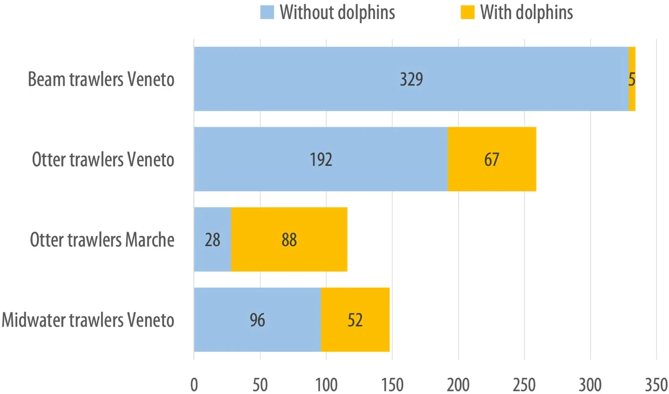 Number of inspected trawlers with and without dolphins. Inspections of beam trawlers (n = 2) and midwater trawlers (n = 0) in Marche are not shown.