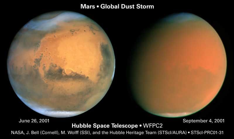 Hubble captures images of a perfect dust storm on Mars in 2001.