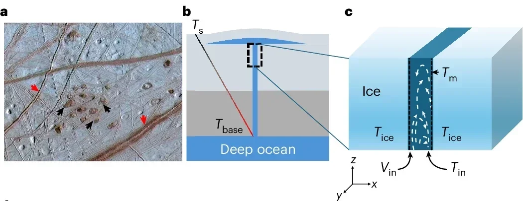Europa’s surface features and conceptual model schematics.