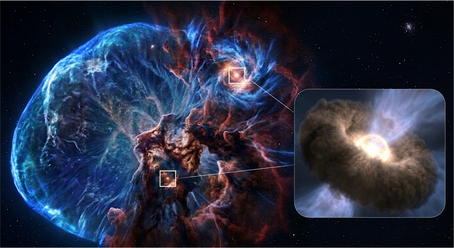 Artist’s impression of hot cores —warm cradles of molecular gas surrounding a newborn star—discovered within a supernova remnant. Blue represents high-energy particles and photons produced by the supernova explosion, while brown indicates the surrounding interstellar medium. 