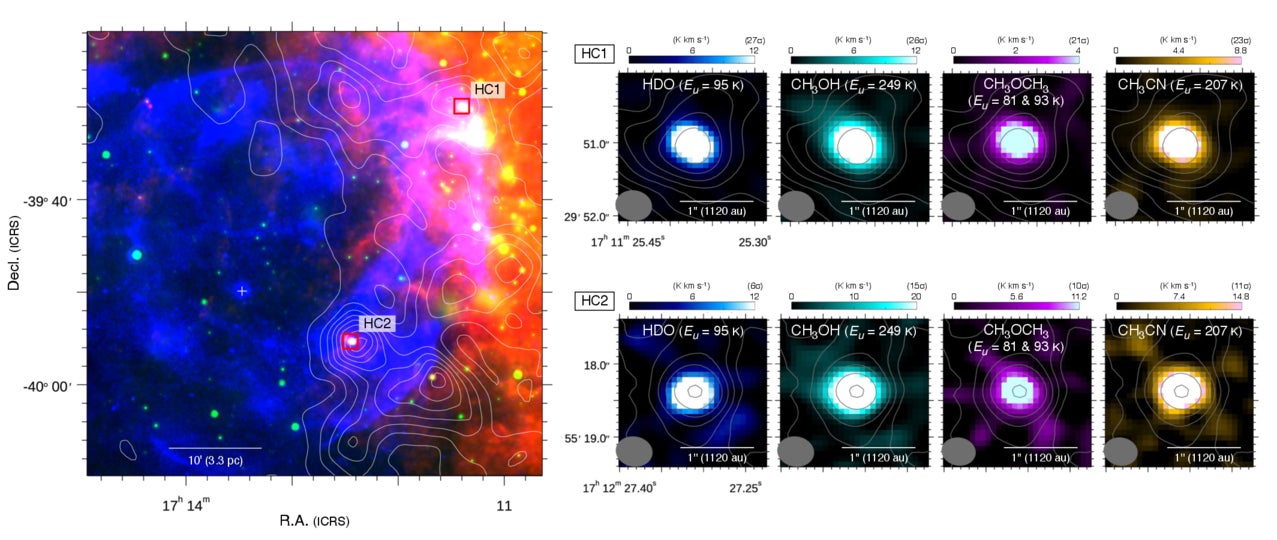 Left: three-color composite image of the SNR RX J1713.7−3946. Right: ALMA integrated intensity images of the selected high-excitation lines.