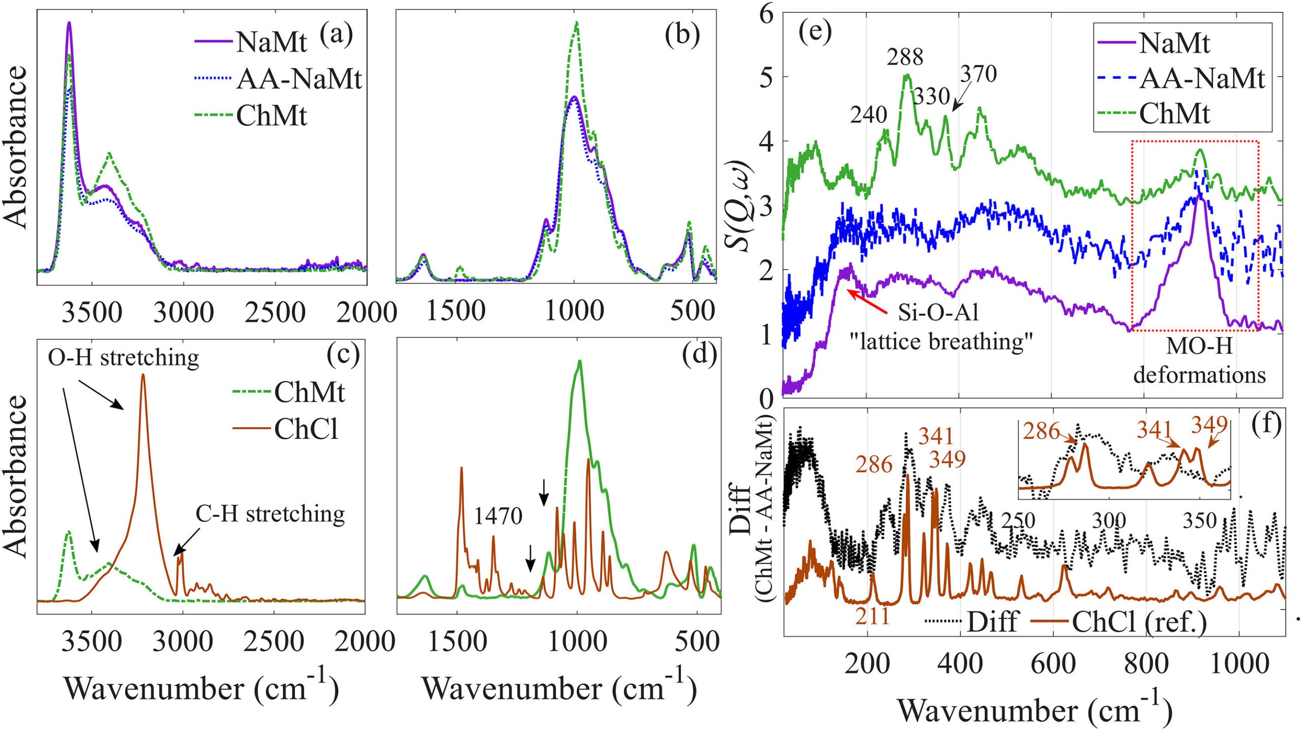(a, b) FTIR spectra showing stepwise modification of the NaMt sample; (c, d) differences between ChMt and ChCl samples; (e) S(Q,ω) of each sample with peak assignments for the ChMt; (f) Difference in the spectra between ChMt and AA-NaMt, which is its precursor.