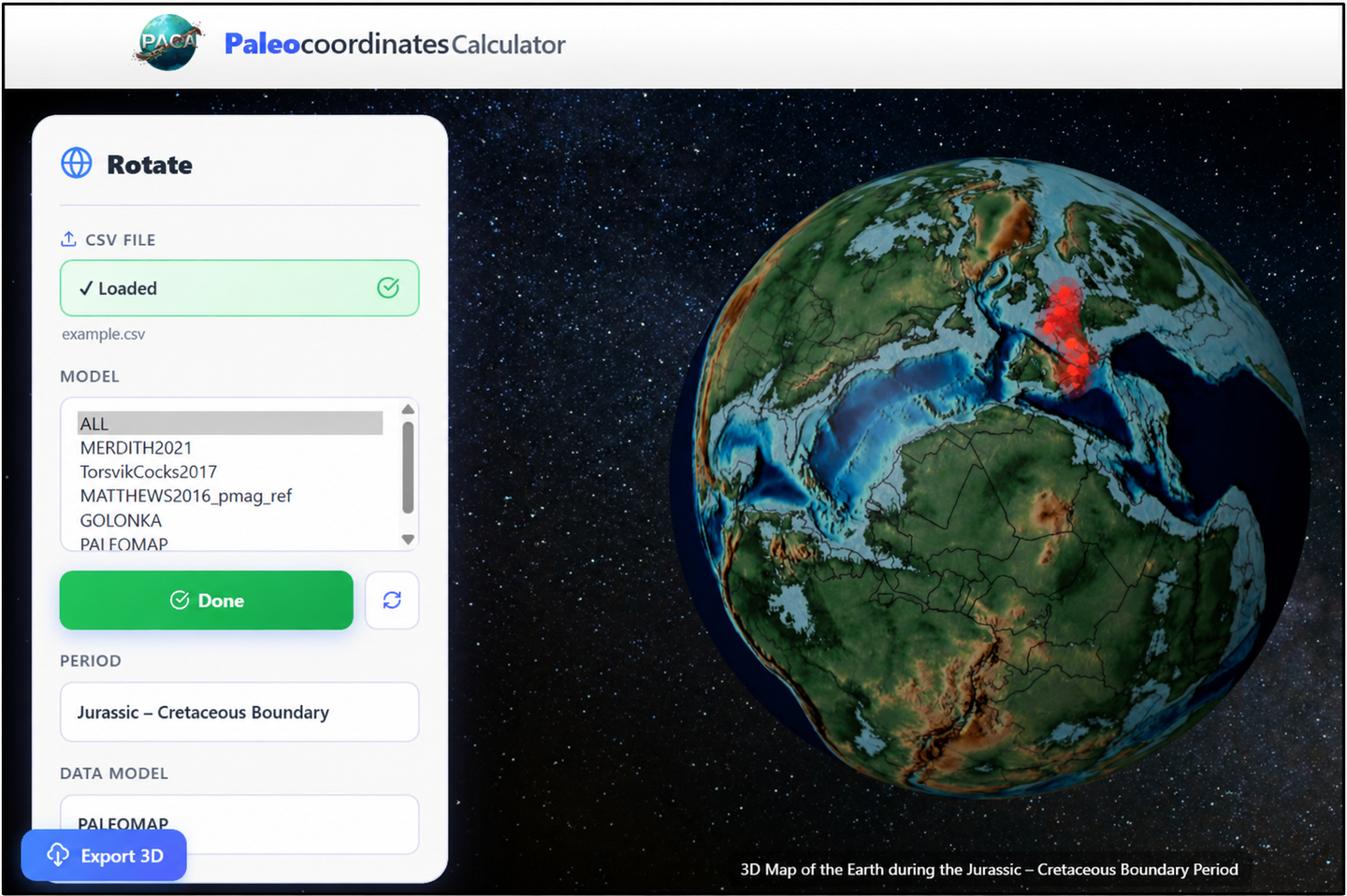 The Paleocoordinates Calculator reconstructs ancient fossil locations using five plate models, with errors below 17 metres.