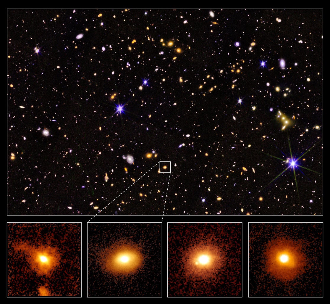 Four examples of recently quenched galaxies from the new study. These massive, distant galaxies are observed as they were around 9 billion years ago.