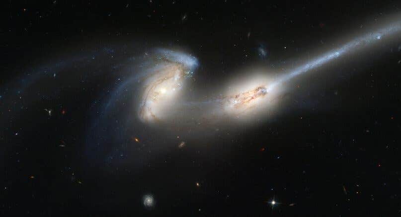 Interacting galaxies NGC 4676, known as "The Mice," as captured by the Hubble Space Telescope.