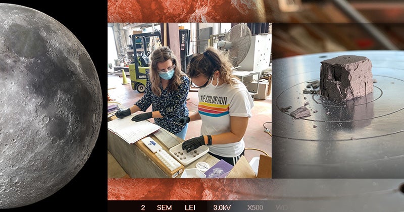 Researchers in the Wagner lab previously mixed simulated lunar soils with a high-pH solution to create geopolymer bricks, then crushed the bricks to see how strong they were. The experiments aimed to advance ways for astronauts to create building materials in space.