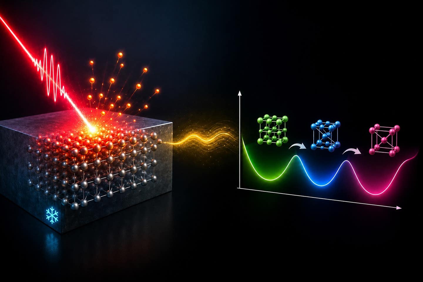 Graphical representation of "hot electrons". Electronic entropy phase transitions could rapidly change metal crystal structures before laser-heated atoms become hot.