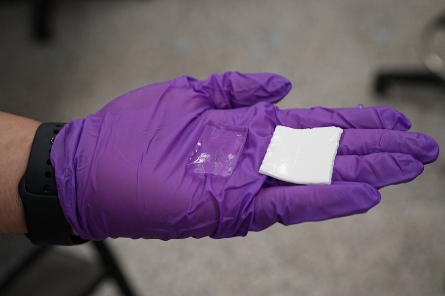 The new design of the hydrogel, right, is compared to a previous hydrogel (clear).