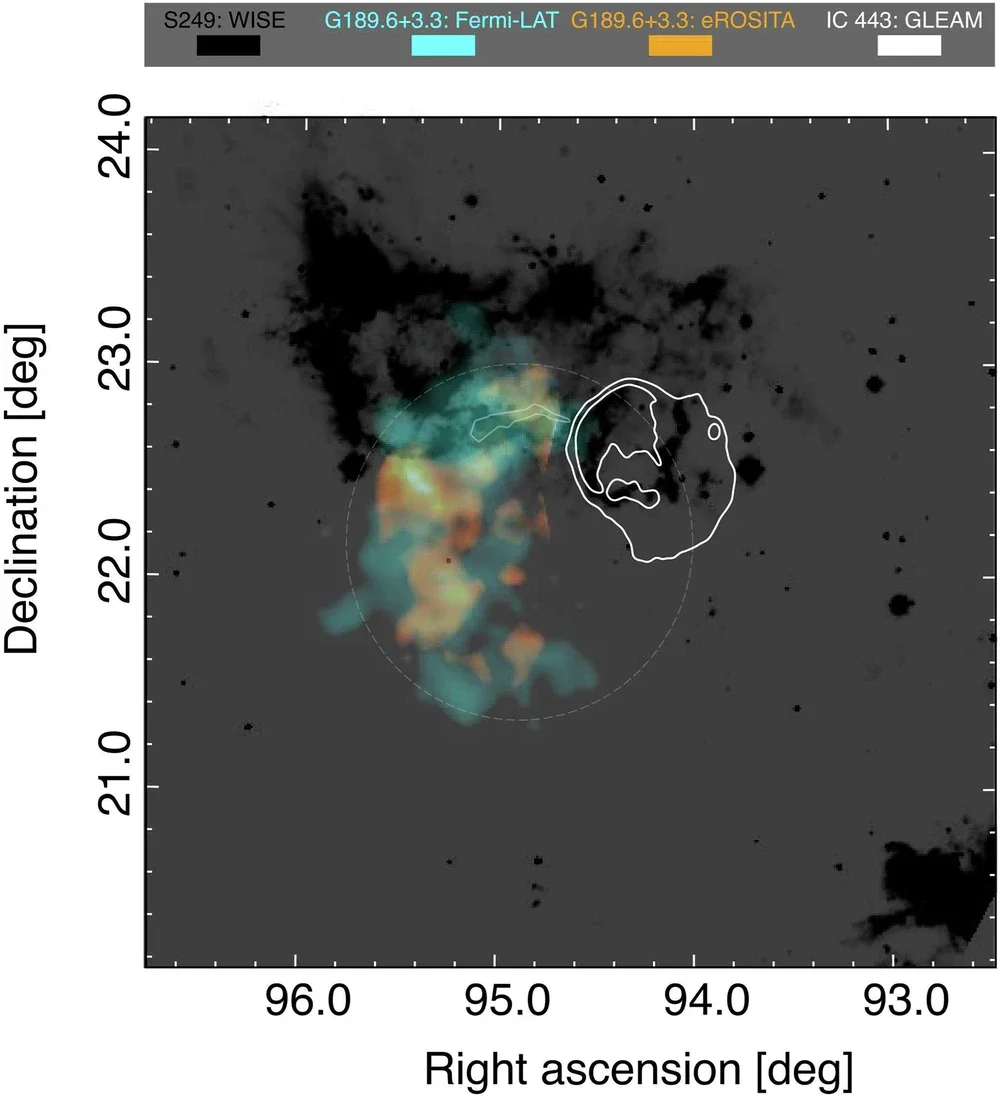 Composite map of the IC 443 complex region. Spatial comparison of X-ray, gamma-ray, and infrared (IR) emission in the vicinity of G189.6+3.3.