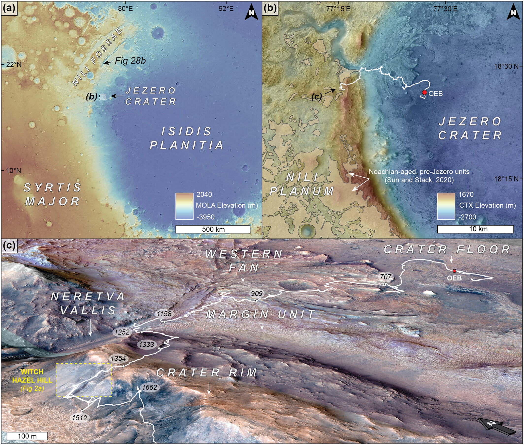 Regional context of Jezero crater relative to Syrtis Major, the Isidis impact basin and the Nili Fossae graben, shown on a Mars Orbiter Laser Altimeter (MOLA) shaded relief basemap.