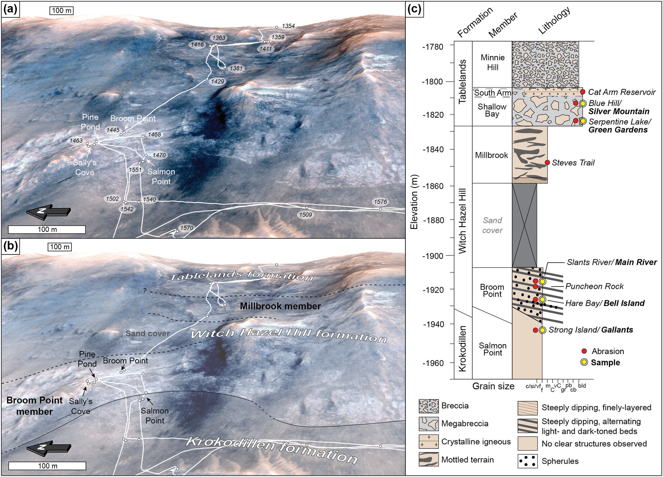 (a) Uninterpreted and (b) interpreted 3D HiRISE Digital Terrain Model showing the outer rim of Jezero crater explored by Perseverance, viewed looking east.
