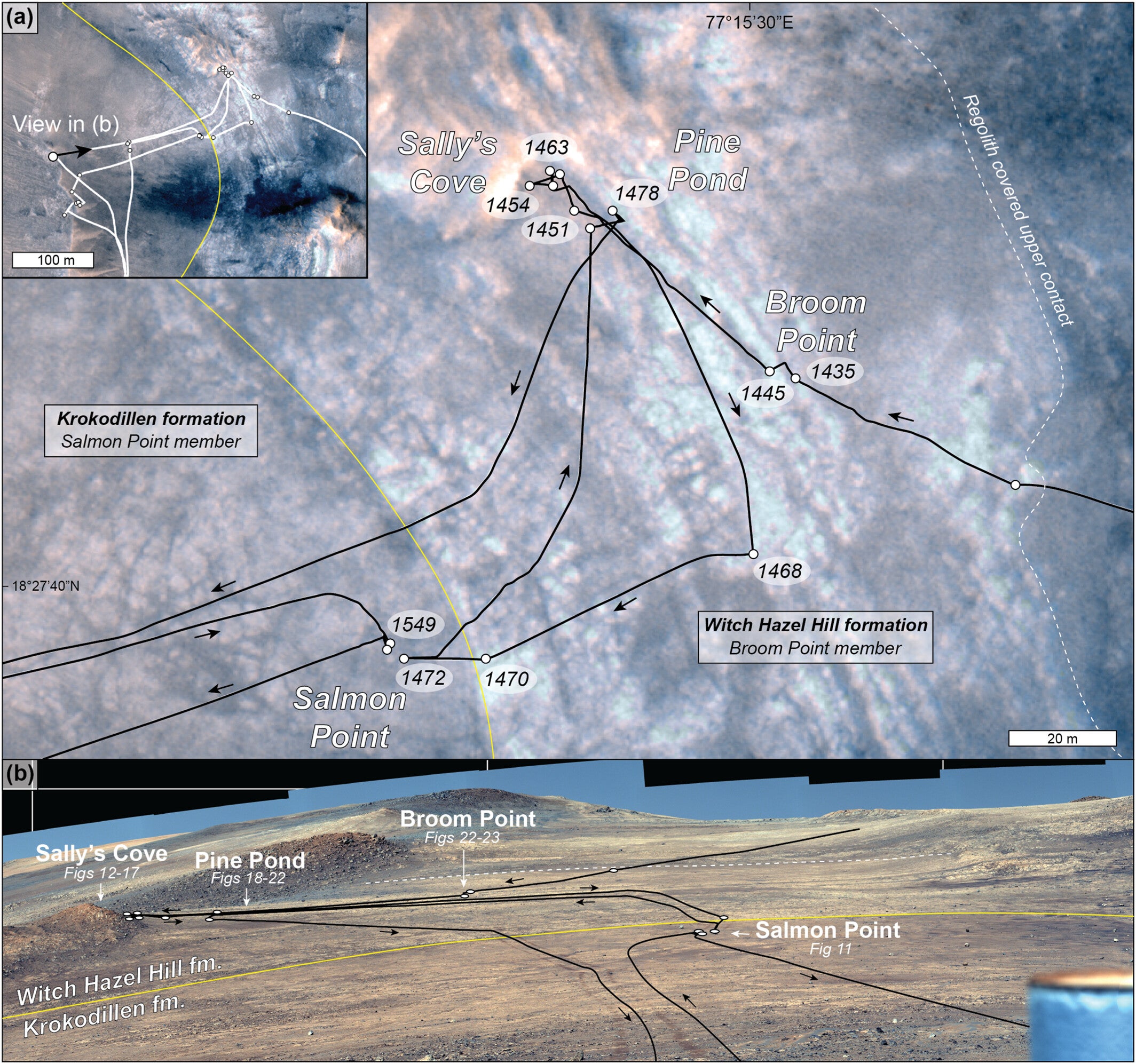 Orbital and on-the-ground views of the Broom Point member.