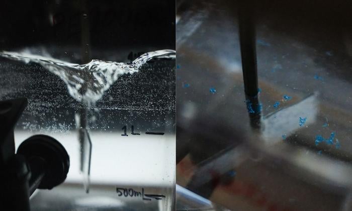 Close-up of microbubbles and nanobubbles used in an enhanced dissolved air flotation process. Microplastics visible at the top of the water. 