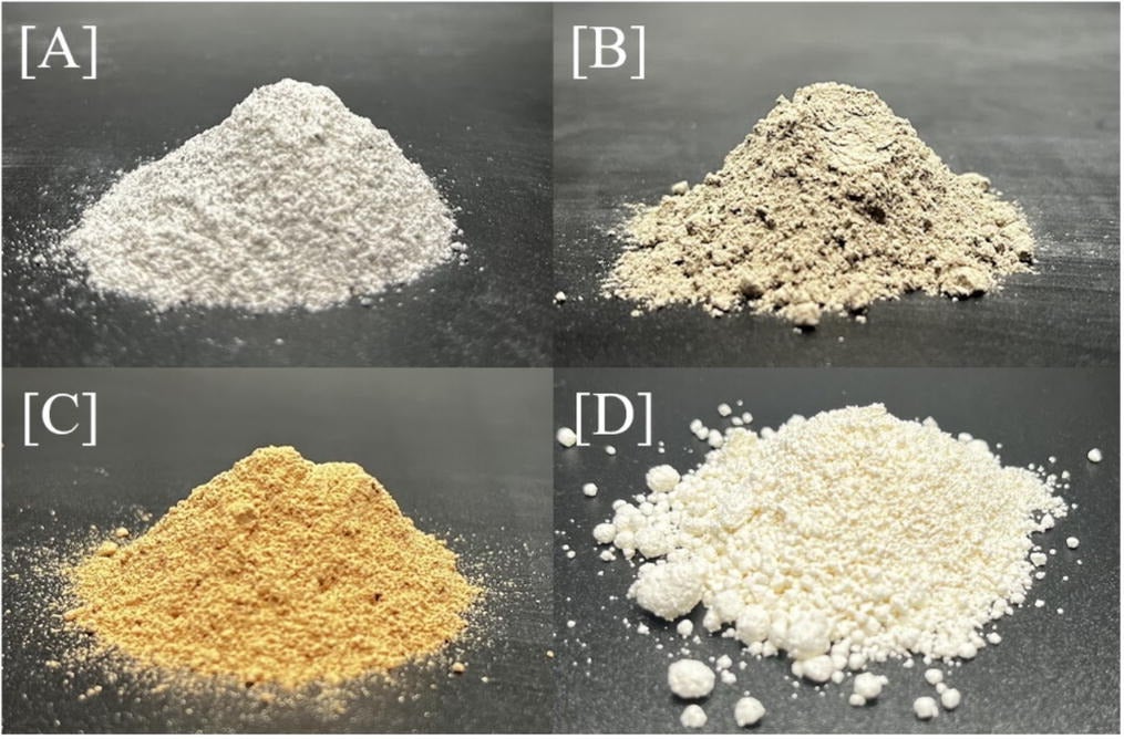 Aluminosilicate powders used for geopolymer synthesis including (A) Lunar Highlands Simulant 1 (LHS-1), (B) Black Point 1 (BP-1), (C) Mars Global Hydrated Clay Simulant (MGS-1C), and (D) metakaolin.