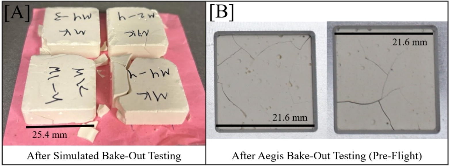 Images of metakaolin geopolymer samples following (A) simulated bakeout testing at the University of Delaware and (B) pre-flight bakeout testing performed by Aegis Aerospace. Images from Egnaczyk and Wagner, J. Rheology