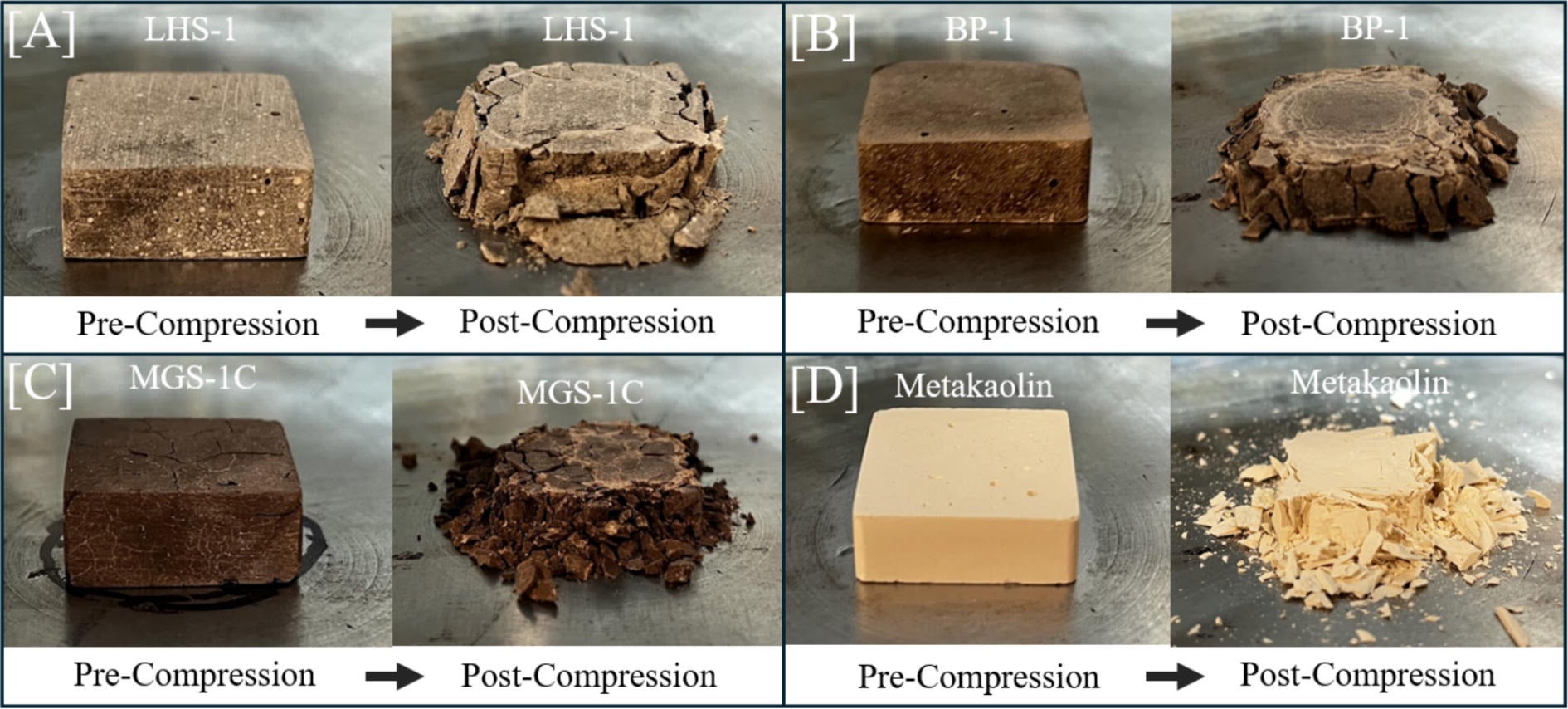  Images of Earth Control geopolymer samples immediately before and after compression testing for representative samples of (A) LHS-1, (B) BP-1, (C) MGS-1C, and (D) metakaolin geopolymers.