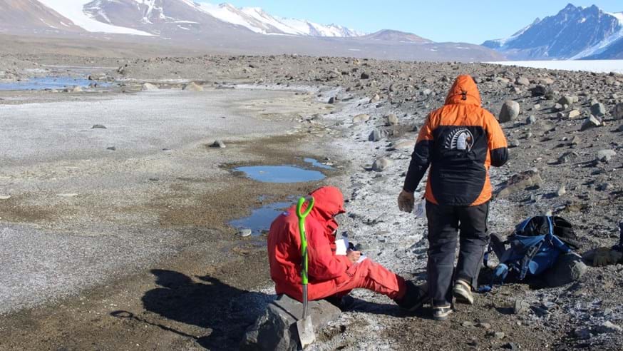 Researchers taking samples in Antarctica
