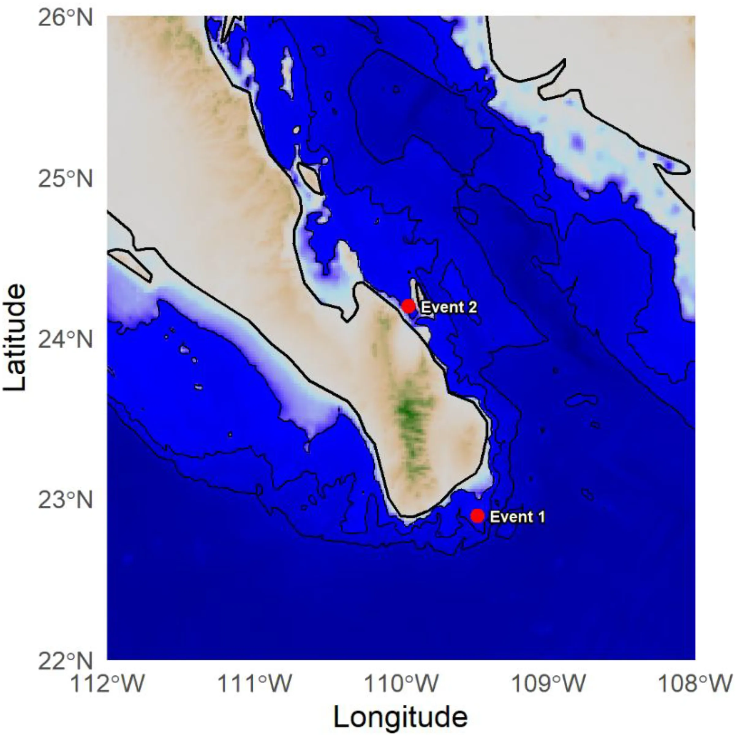 Predation event locations at the entrance of the Gulf of California in which orcas (Orcinus orca) successfully ‘ram-to-fragment’ a sharp-tail sunfish (Masturus lanceolatus).