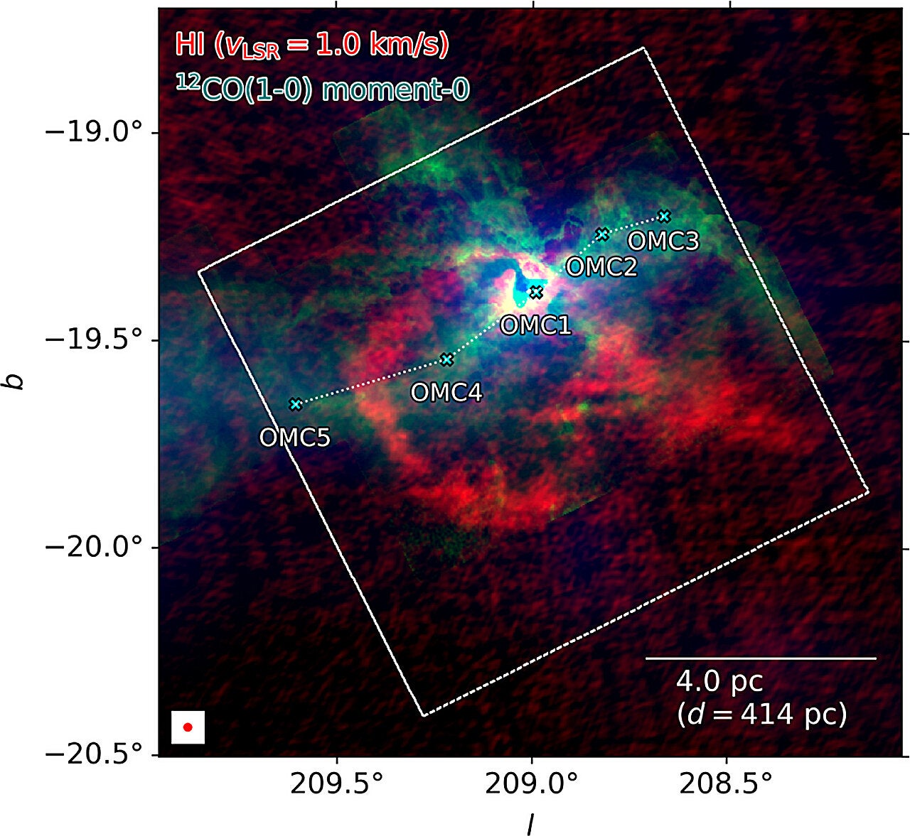 Extended Orion nebula and its surroundings in Galactic coordinates and in the context of the OMC, shown in the 12CO(1 → 0) line emission from the Orion CARMA survey (Kong et al. 2018) and the Dame et al. (2001) survey.