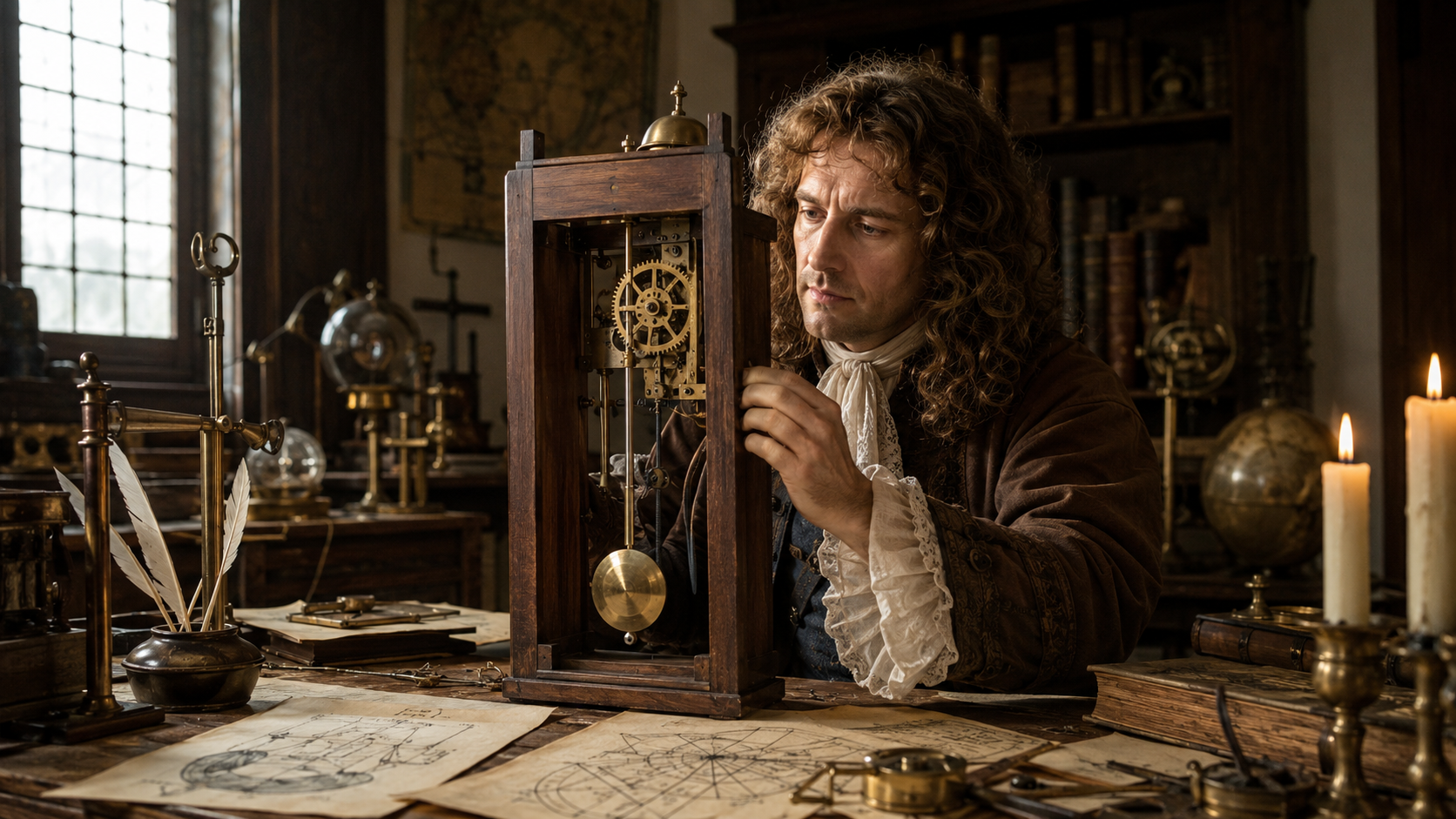 AI enhanced reproduction of Dutch scientist Christiaan Huygens developing the first successful pendulum clock in 1656.