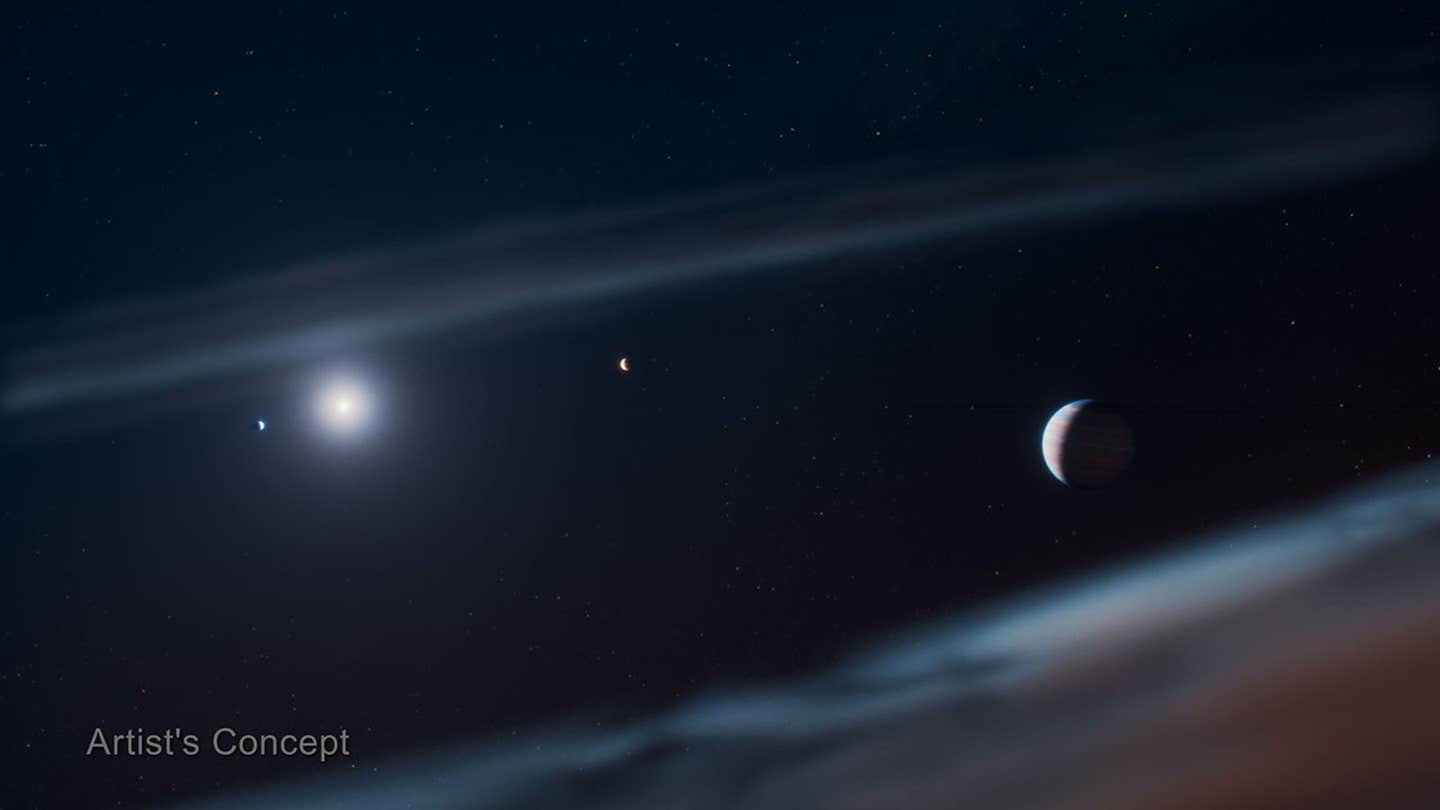 Artist’s concept shows the Beta Pictoris system with the discovered giant exoplanet Beta Pictoris d at the right. It has the widest orbit of the known three exoplanets within the system.
