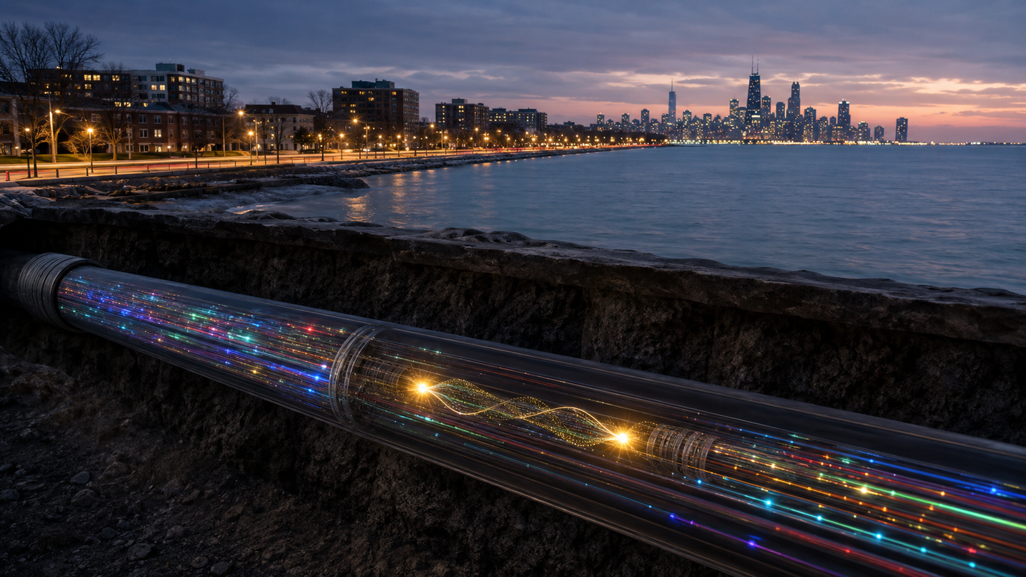 Entangled photons crossed Chicago-area fiber carrying enough optical power to support 36 terabits of conventional data per second.