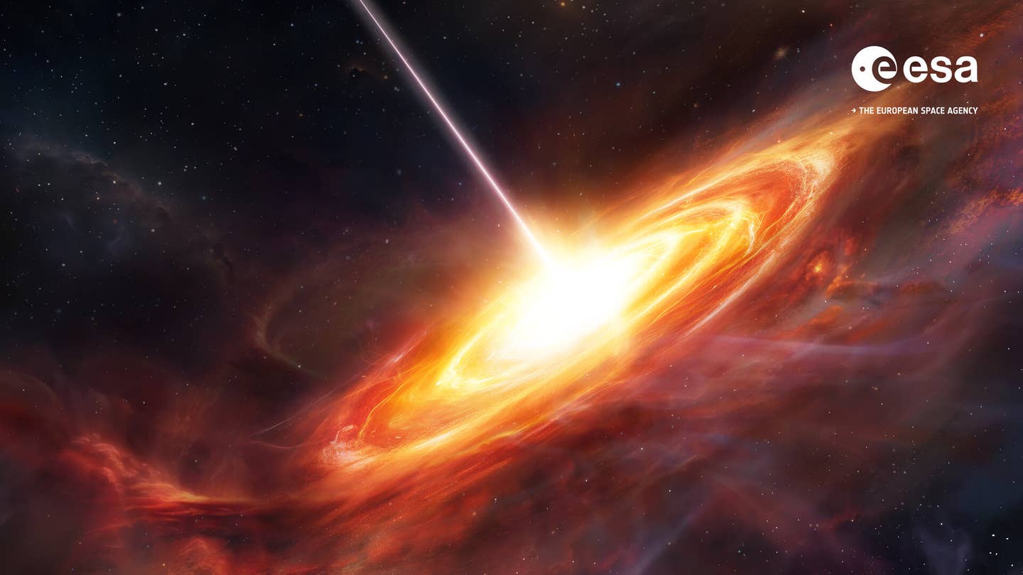 This artist’s impression shows a quasar: a brief period of life for a big, bright galaxy during which large quantities of material spiral into its central supermassive black hole, releasing energetic light as it does so.