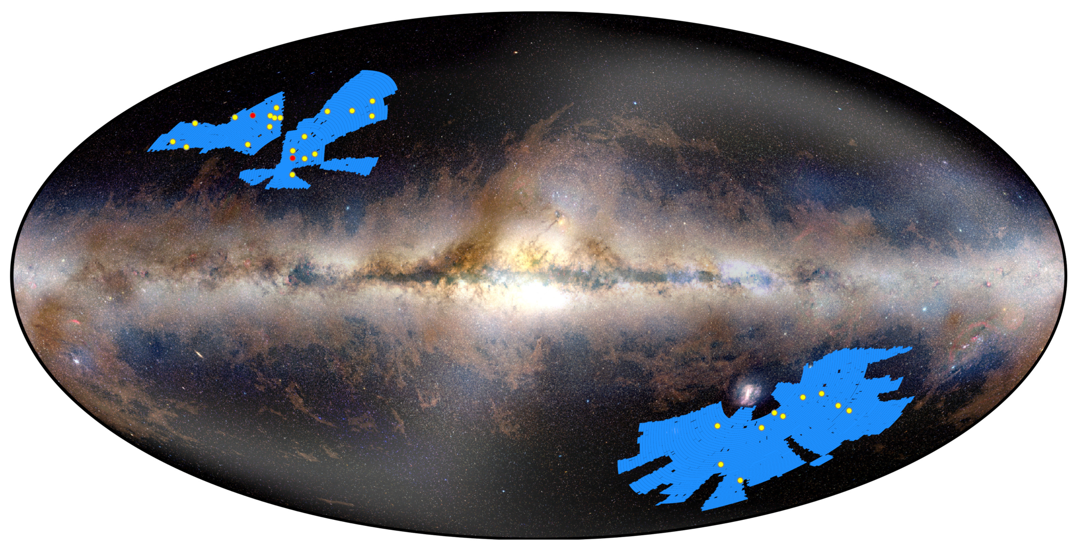This graphic shows the location of the 31 newly discovered quasars (yellow dots) by the European Space Agency’s Euclid telescope