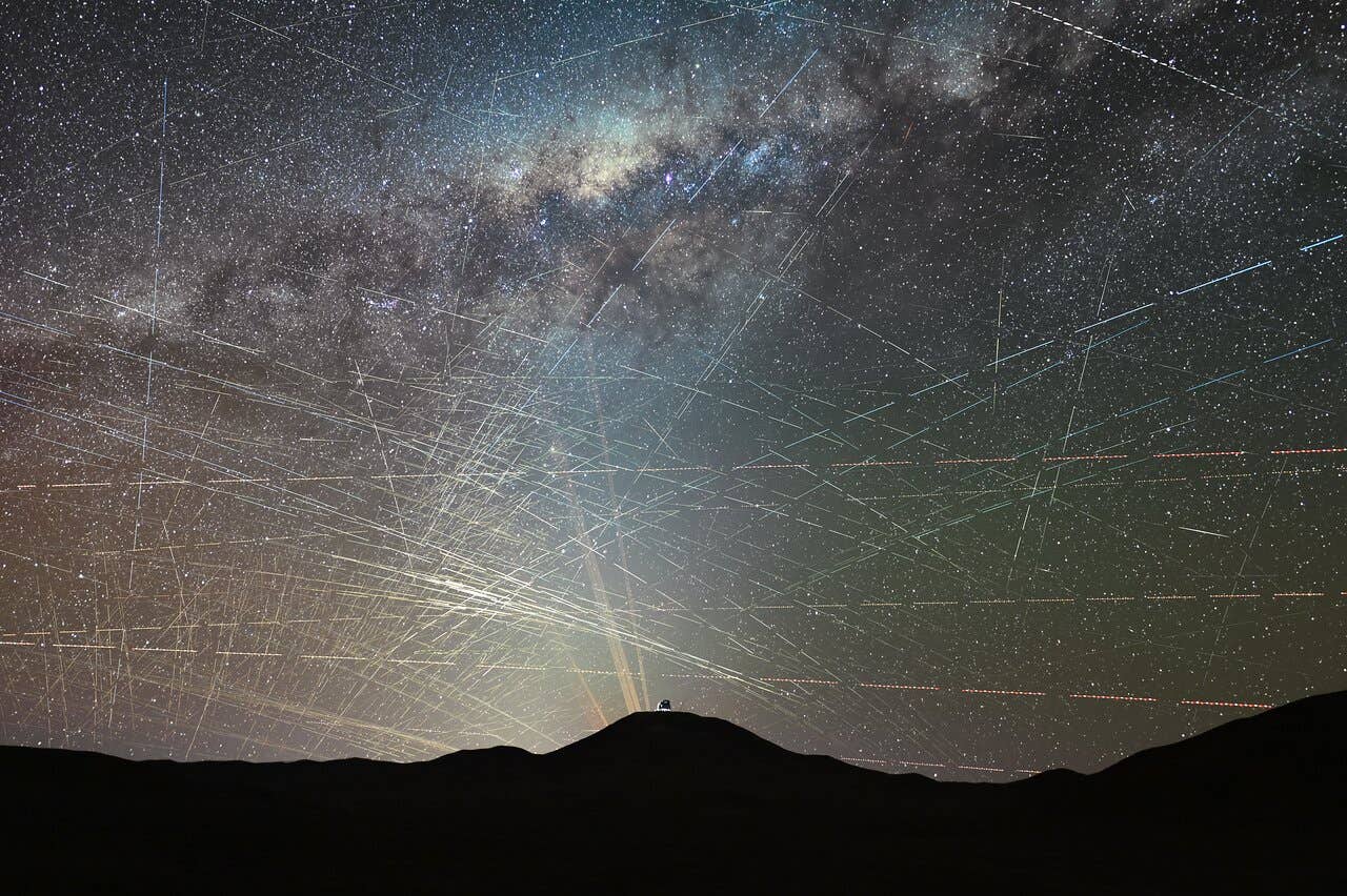 This image shows satellites crossing the night sky above the northern Atacama Desert in Chile, over a period of just one hour.