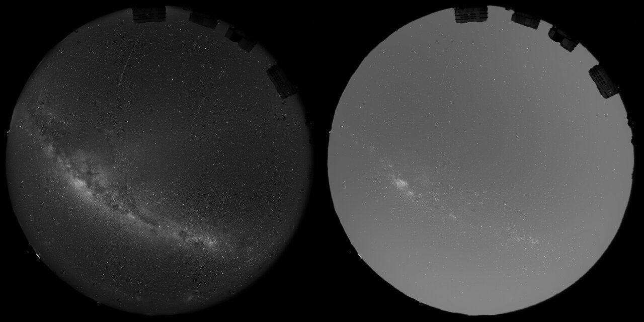 This image illustrates how sunlight scattered by Reflect Orbital’s space mirrors would increase the overall brightness of the sky above ESO’s Very Large Telescope (VLT). 