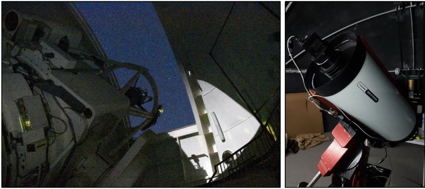 The 2.54 m Isaac Newton Telescope, with prime-focus Wide Field Camera, alongside the 36 cm robotic astrograph used for the survey