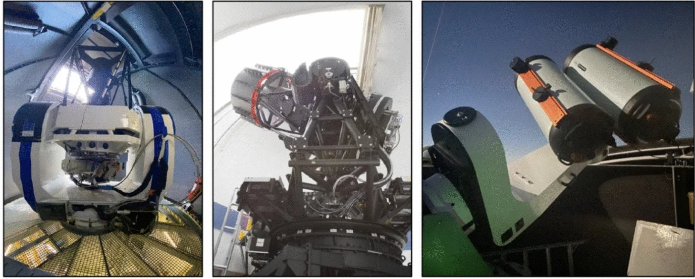 Instruments employed for the follow-up observation campaign. (Left) 1.35 m SkyMapper Telescope at Siding Spring Observatory, Australia. (Middle) 1 m telescope at Bisei Space Guard Center, Japan. (Right) Twin 36 cm Warwick CLASP telescope at the Roque de los Muchachos Observatory, La Palma