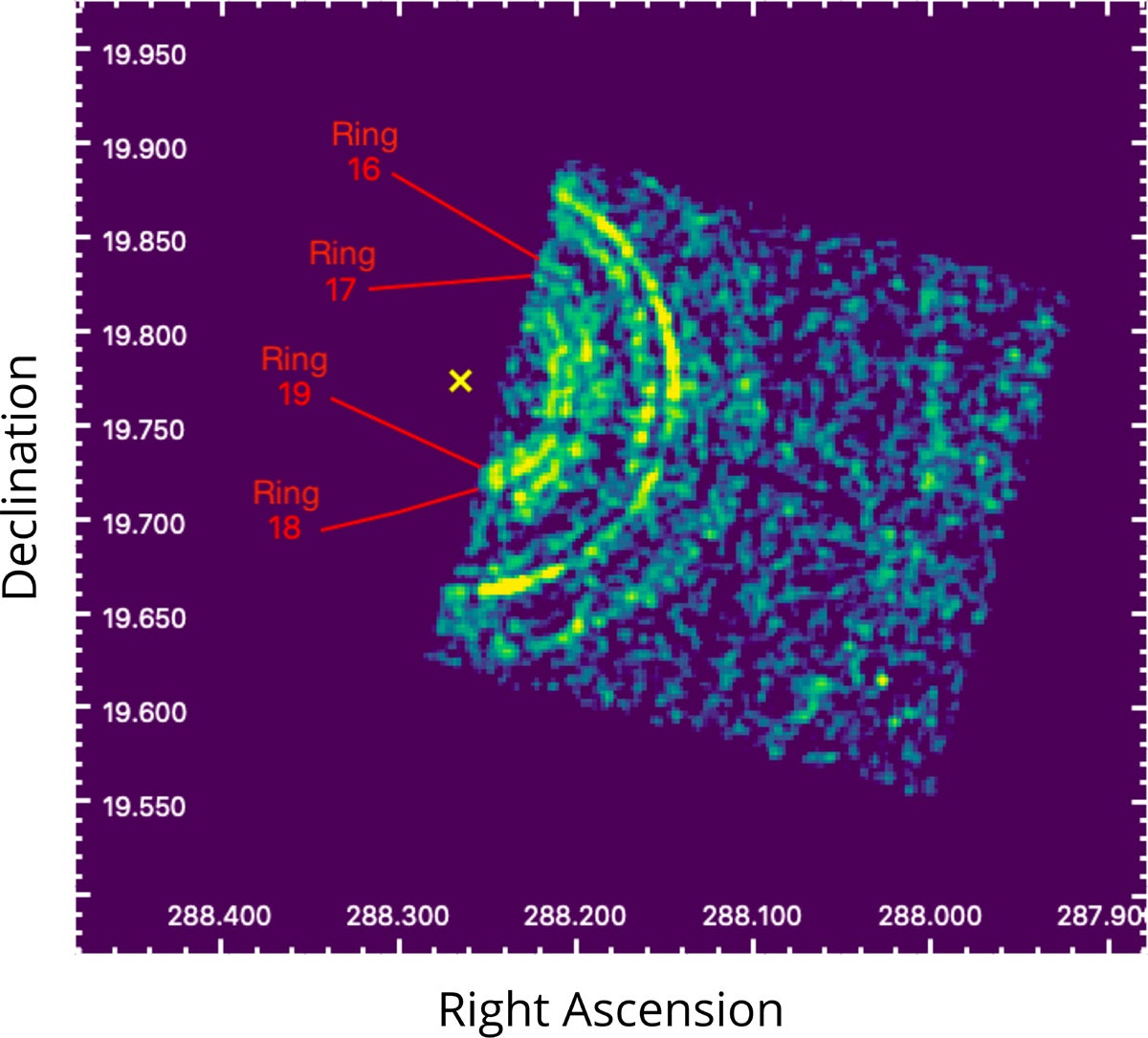 ACIS-I Chandra image of GRB 221009A at 0.7–4 keV. The image has been smoothed with a Gaussian kernel of σ = 1″, and the point sources are excluded.
