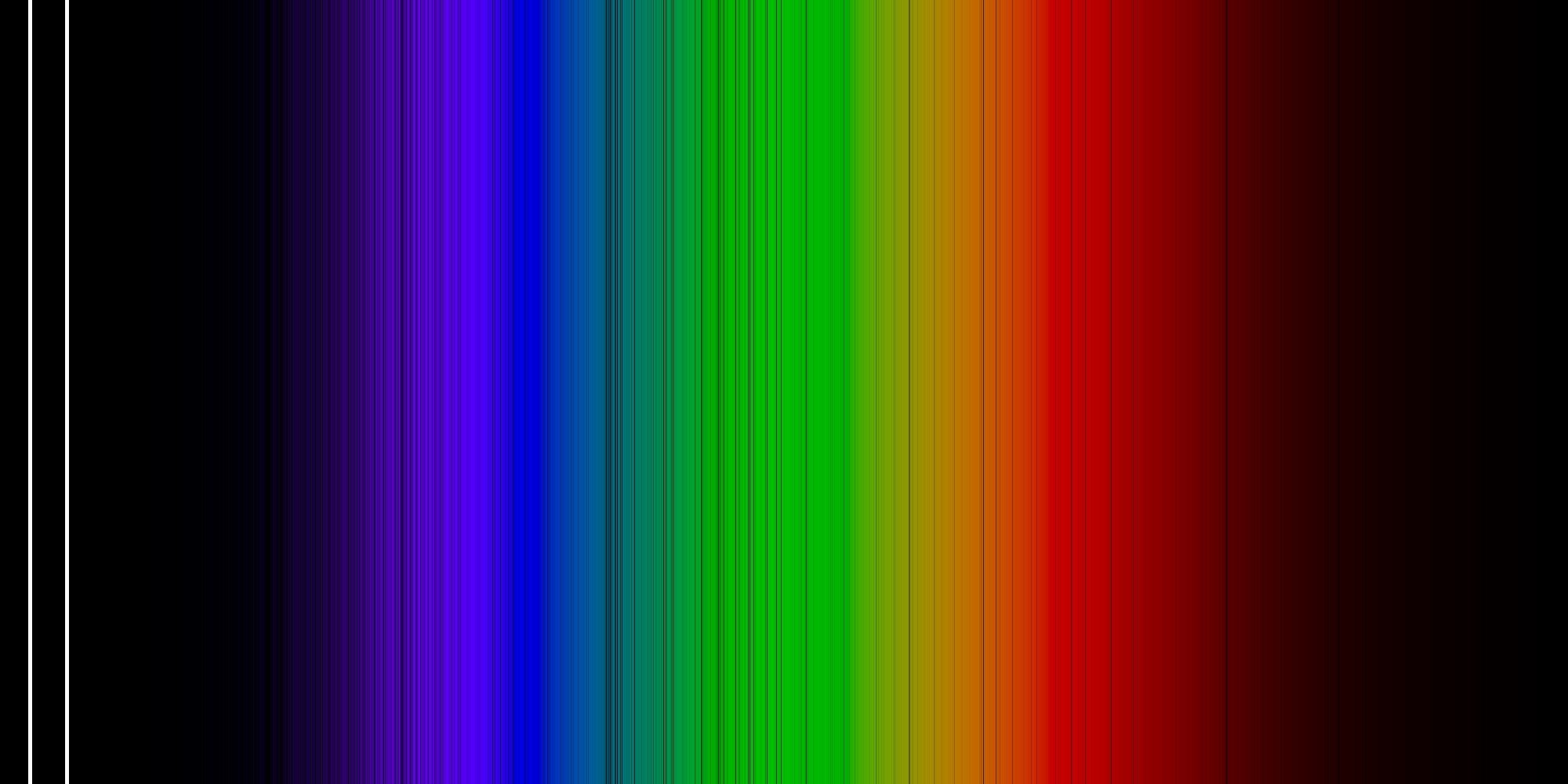 The solar spectrum. The two strongest silver lines, highlighted in white, lie in the ultraviolet region that is invisible to the human eye.