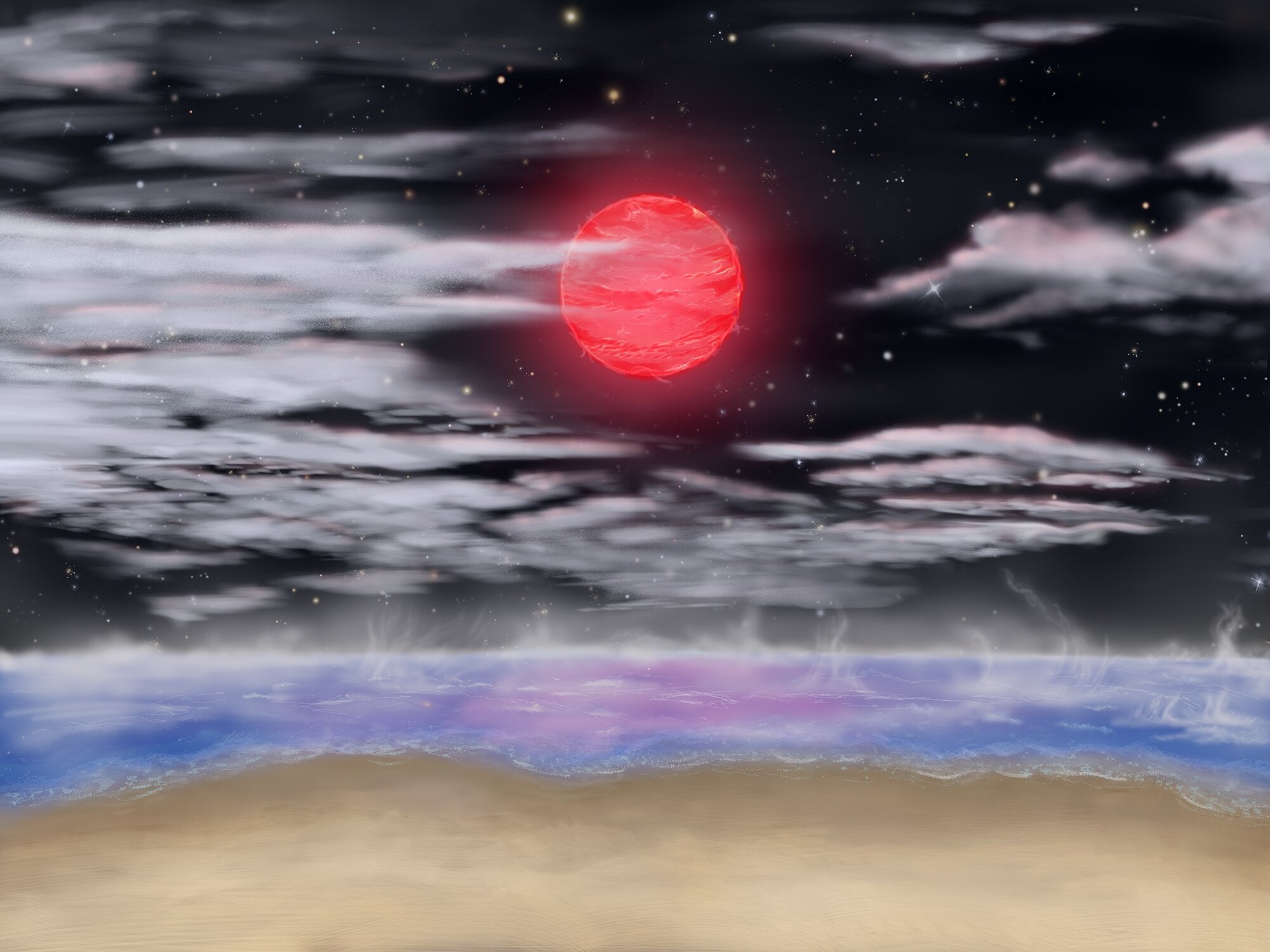 Artist's conception of the view from the surface of the habitable-zone super-Earth exoplanet GJ 3378b. The planet has a minimum mass just over twice that of Earth and orbits its star at a distance that causes it to receive almost the same amount of starlight as Earth does.