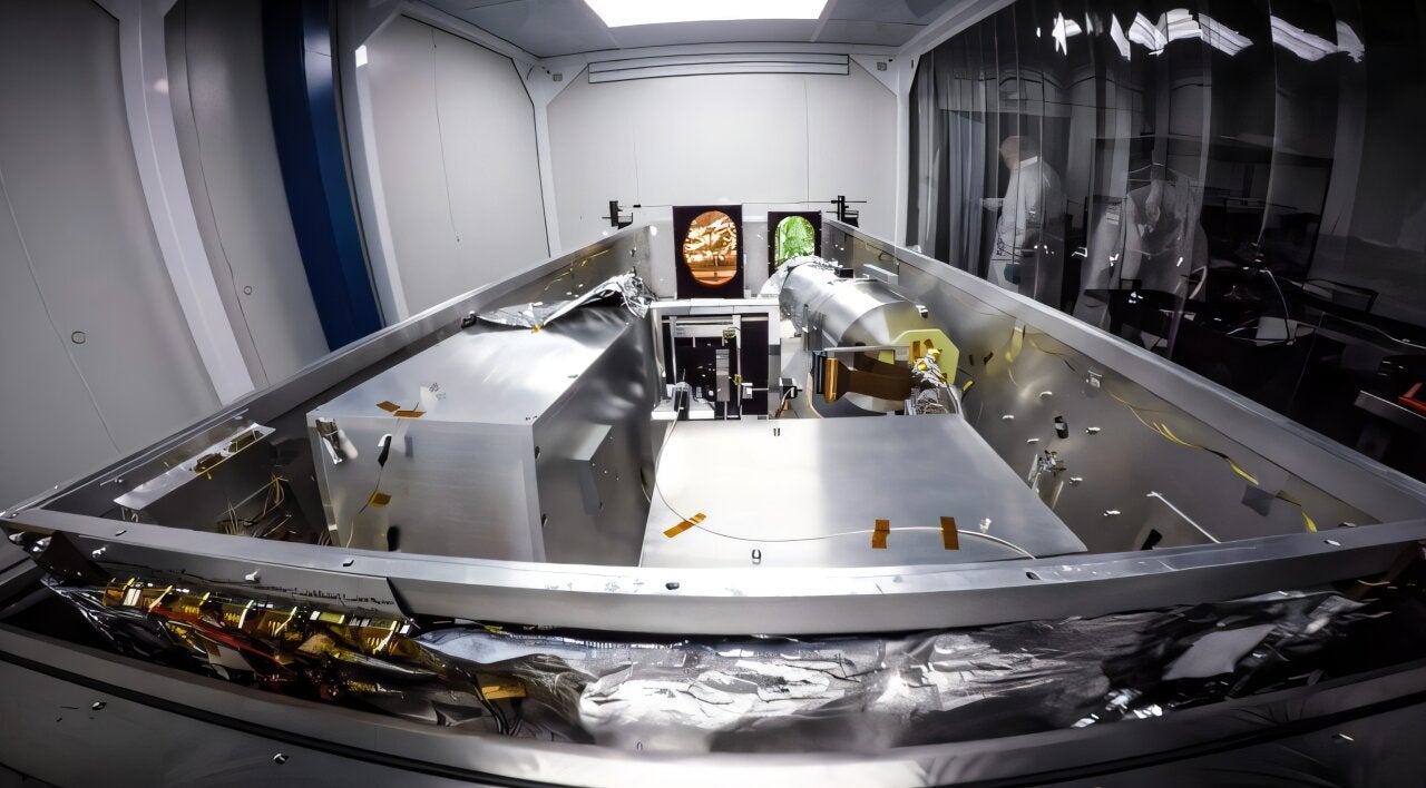 The Habitable Zone Planet Finder instrument during installation in its clean-room enclosure in the Hobby-Eberly Telescope at McDonald Observatory.