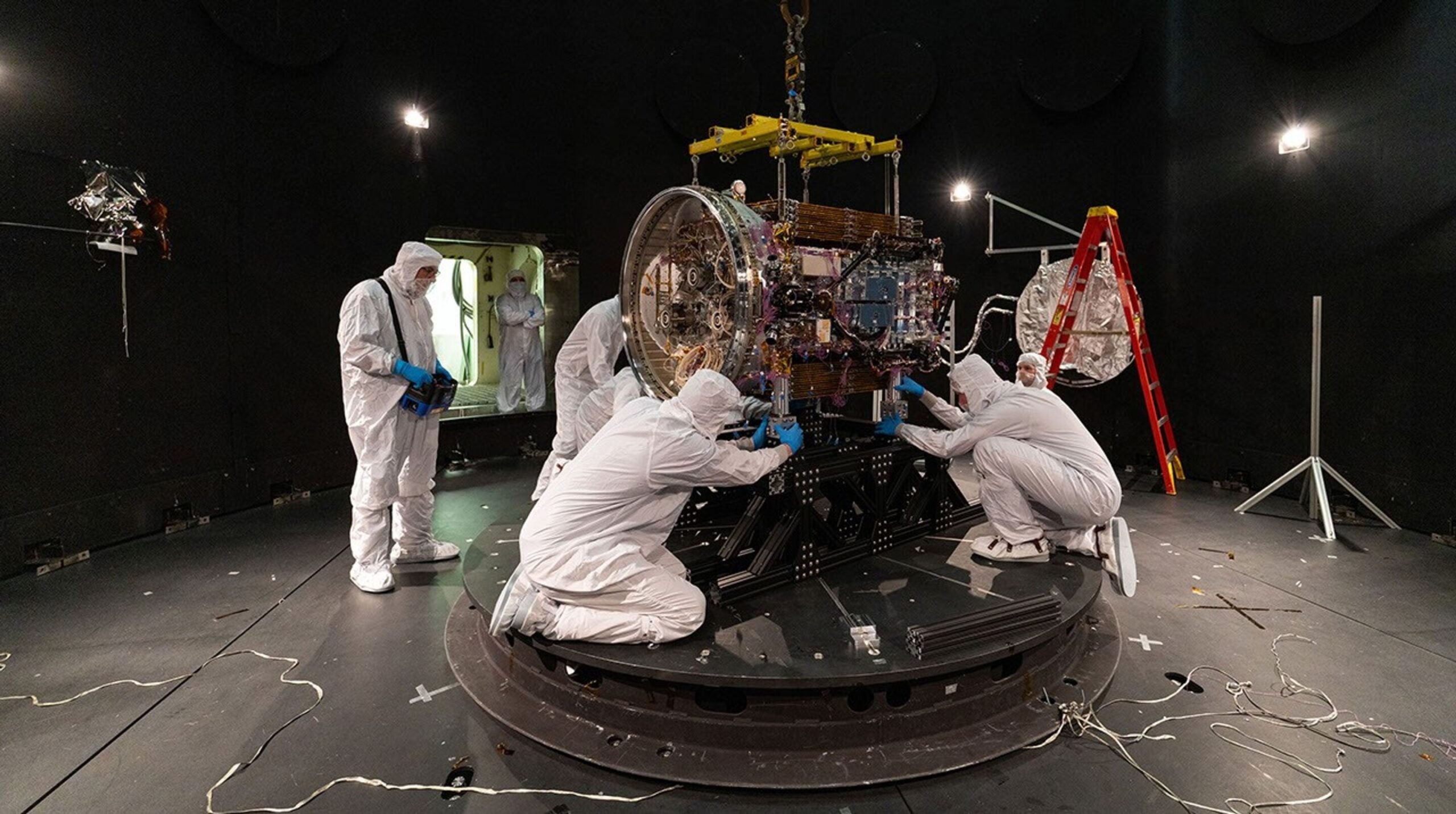 Katalyst engineers install LINK on a baseplate inside the Space Environment Simulator at NASA Goddard on April 28, 2026.