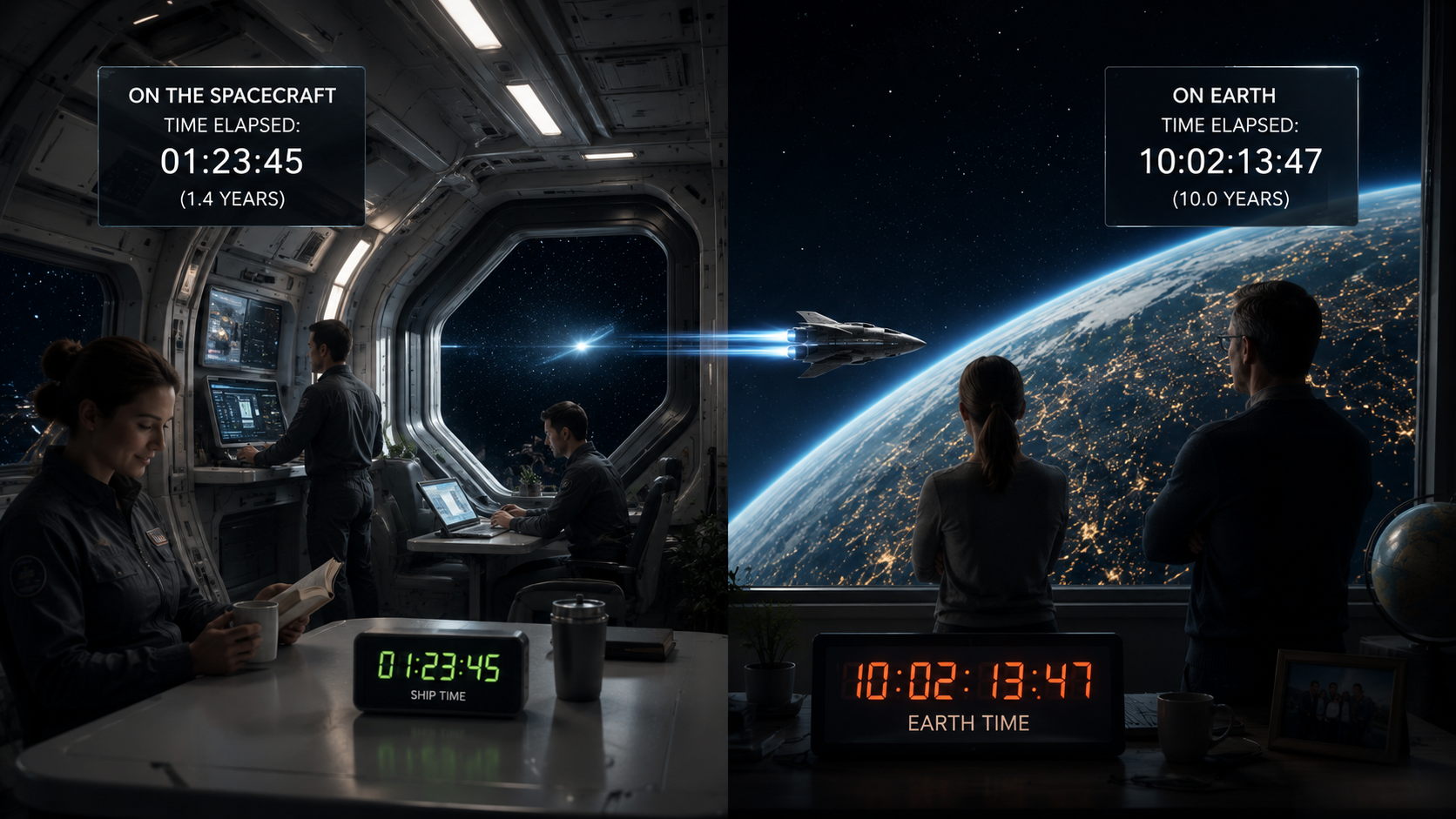 The crew describes a stationary ship moving through a shortened stretch of space.