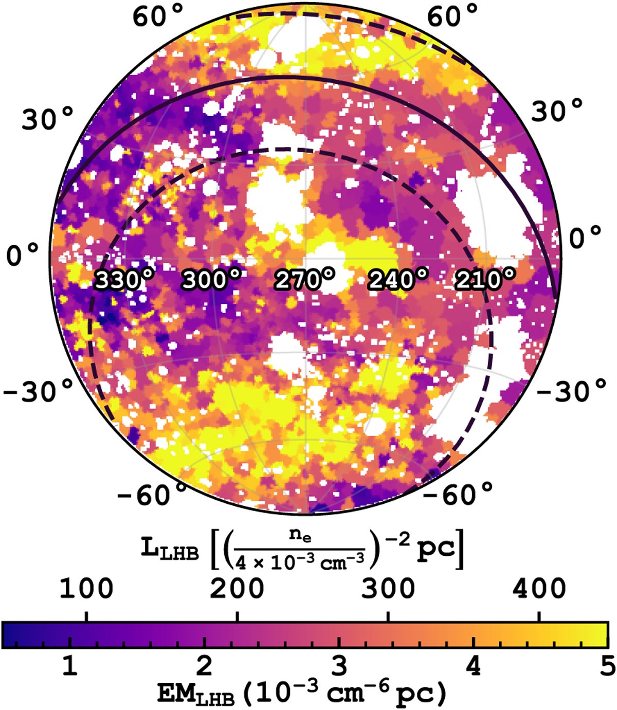 Spatial distribution of EMLHB. Regions with EMLHB uncertainty < 5 × 10−5 cm−6 pc were also masked.