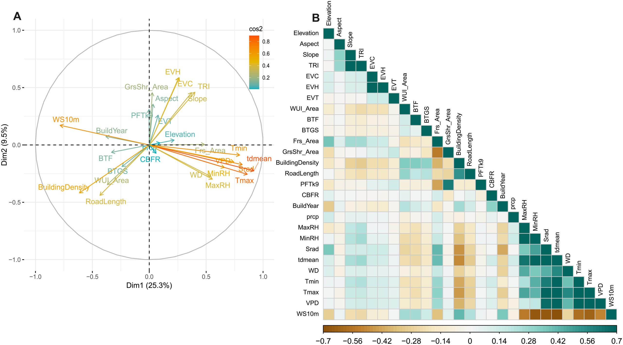 PCA variable contributions and intervariable Pearson correlation. Pearson correlation matrix of the variables, where green indicates a positive correlation and brown indicates a negative correlation. 