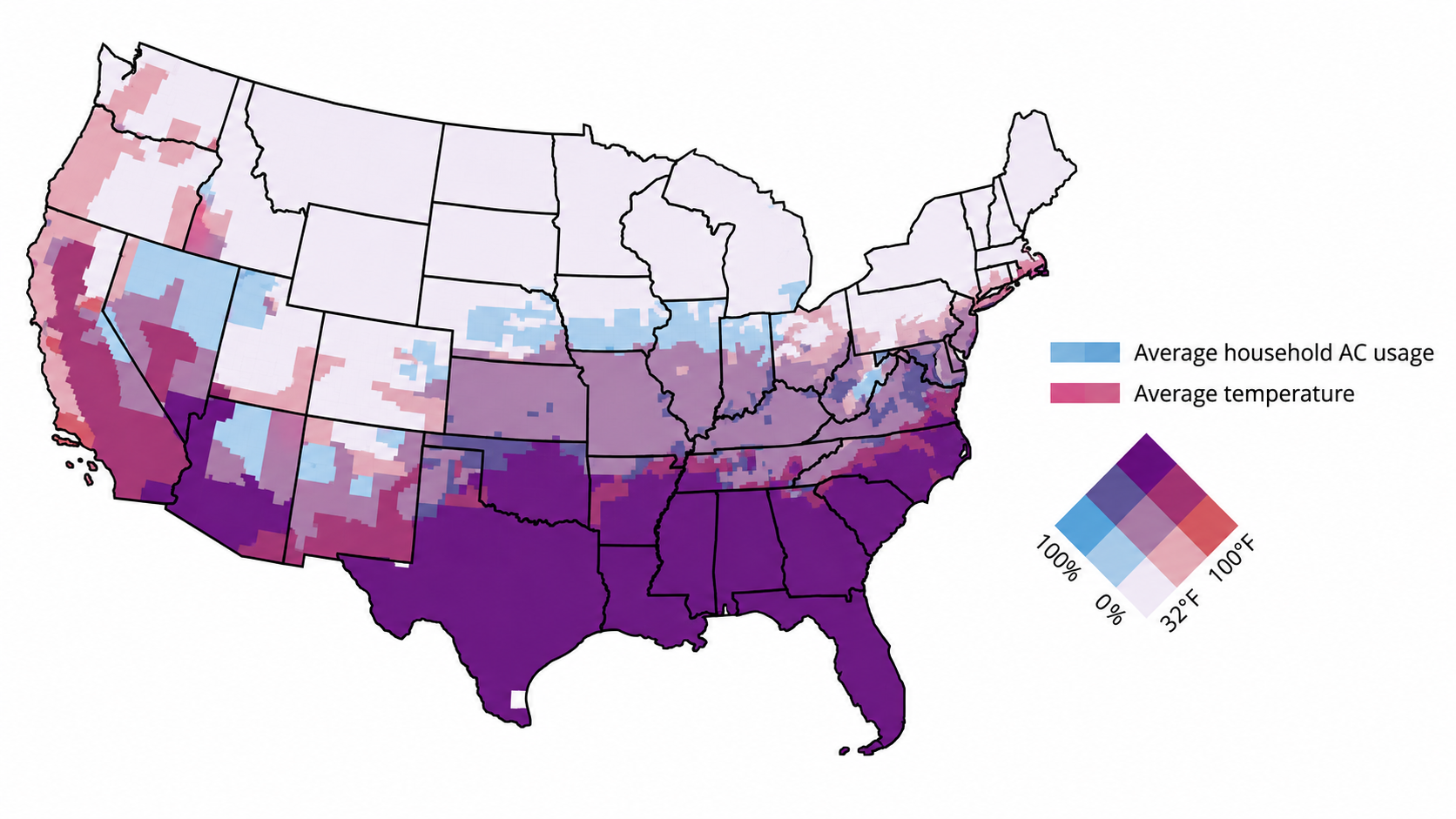 Map of temperature and household AC usage in the CONUS.